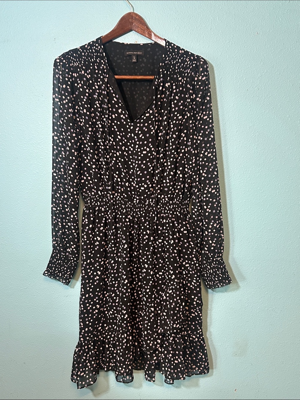 Banana Republic Black Dress with White Dot Print, Long Sleeve Size 10 Tall